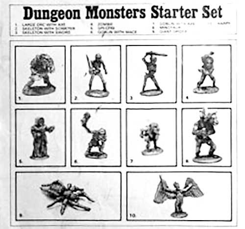 1. Large Orc with Axe, 2. Skeleton with Scimitar, 3. Skeleton with Sword, 4. Zombie,<br> 5. Spectre, 6. Goblin with Mace, 7. Goblin with Axe, 8. Minotaur,<br> 9. Giant Spider. 10. Harpy.