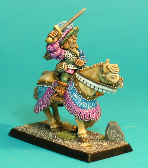 Pose 2, variant A. The mounted bard is identically armed and dressed. He carries his lute slung at his back, and has his sword drawn and raised above his head. The horse is a fine beast, wearing an ornate caparison and harness.