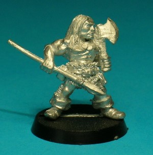Pose 1. This is the foot version of the figure, unarmoured and wearing only a fur loincloth and belt, carrying a hand axe and a spear. A sling hangs from his belt and a dagger hilt can be seen protruding from his right boot.