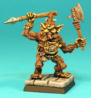 Pose 1, variant D. This Bugbear variant has a pointed beard, his hair is gathered into a topknot (with a small bone through it) and a ponytail, and his closed mouth has his tongue protruding on the left side. He has long ears, without notches or earrings. His head looks slightly right, and he is armed with a spear in his right hand and a single-bladed axe with a back-spike in his left.