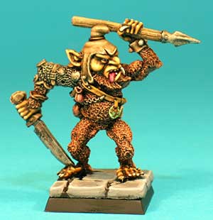 Pose 2, variant D. This Bugbear variant has a straggly, forked beard, and wears a pointed leather cap with long earflaps. His mouth is partly-open in a snarl, showing cruel teeth and a protruding tongue. He has long ears with no earrings. His head looks to his left and he wields a large, steel-headed spear over his head in his left hand.